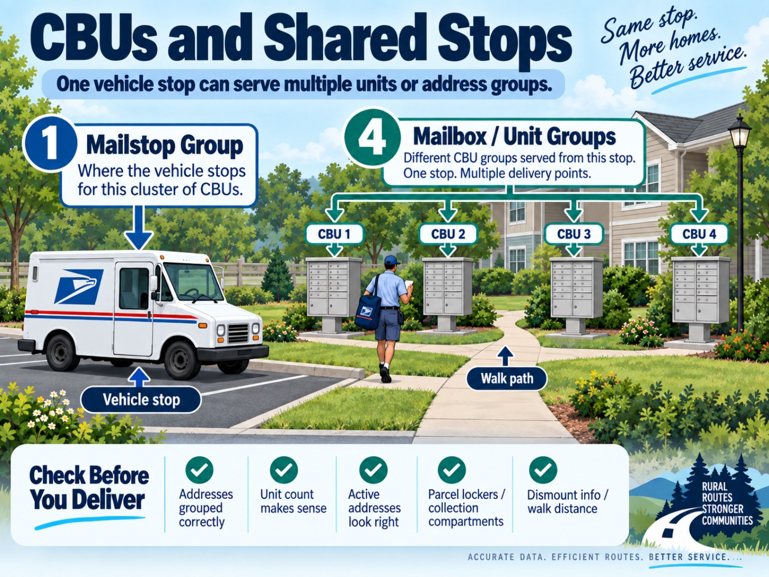 Rural carrier CBU diagram showing one vehicle mailstop serving multiple centralized delivery units and a walking path.