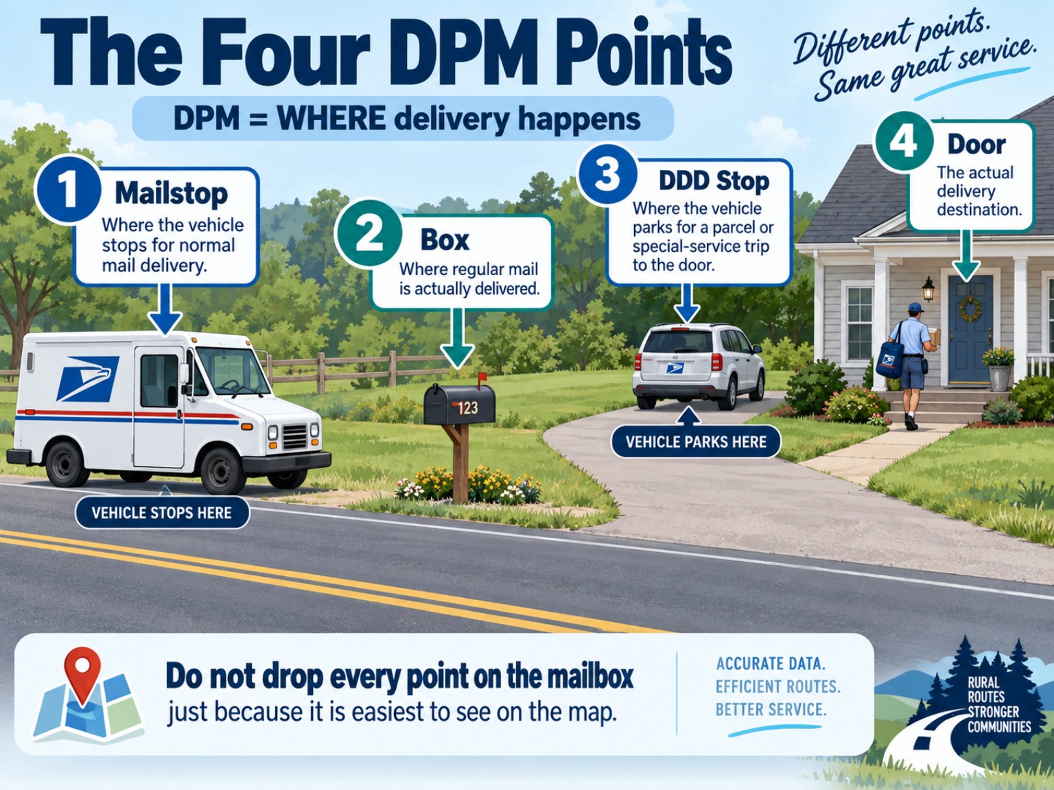 Rural carrier DPM diagram showing the mailstop, mailbox, DDD parking point, and door.
