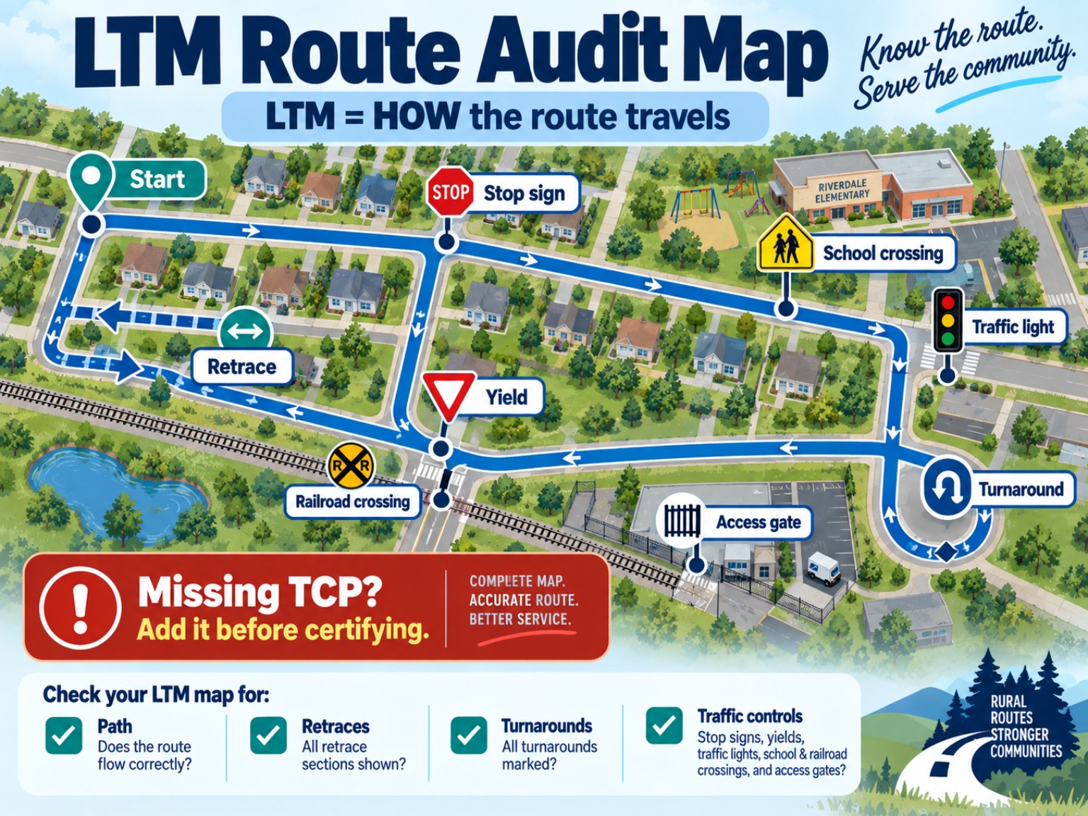 Example LTM route audit illustration showing route path, retrace, turnaround, stop sign, yield sign, traffic light, school crossing, railroad crossing, and access gate.